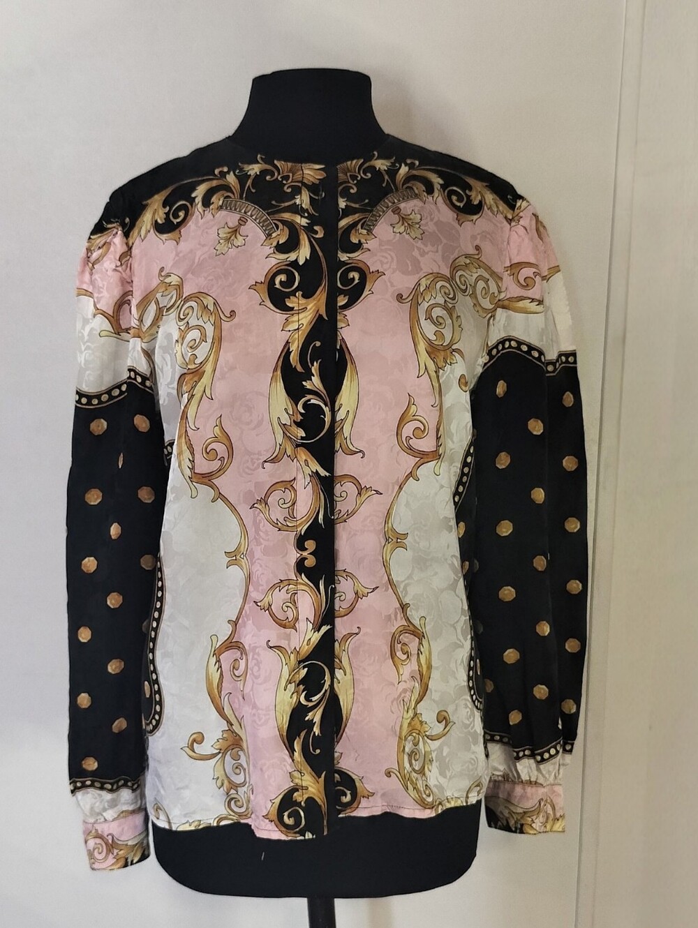 Maggy London Pink Black & Gold Baroque Button-Front Blouse